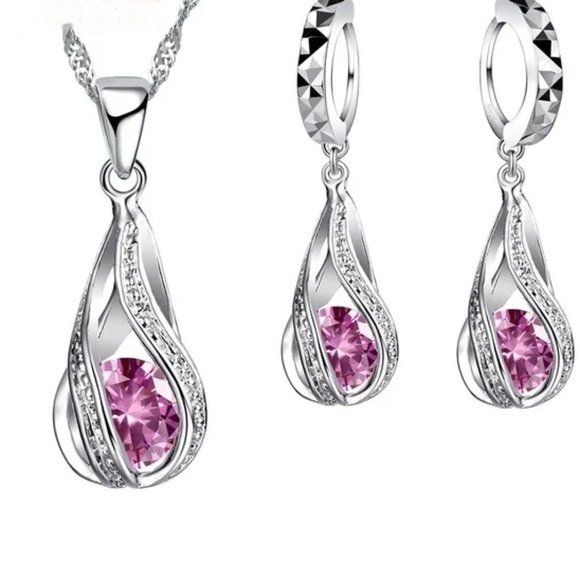 ⭐4pc Bundle Sale⭐ Pink Ice Teardrop Pendant And Earrings w 18" Chain 925 Silver - Picture 2 of 3